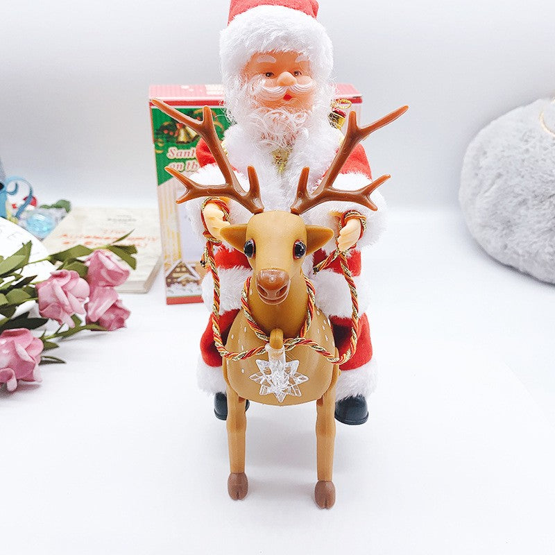 Decoratiune Mos Craciun, Vivimall, Animat, care Canta si Danseaza, cu Saculet, pe Ren, Imbracat Festiv, 28x21x10 cm, Rosu - vivimall.ro