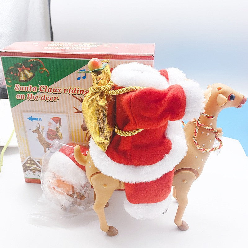 Decoratiune Mos Craciun, Vivimall, Animat, care Canta si Danseaza, cu Saculet, pe Ren, Imbracat Festiv, 28x21x10 cm, Rosu - vivimall.ro