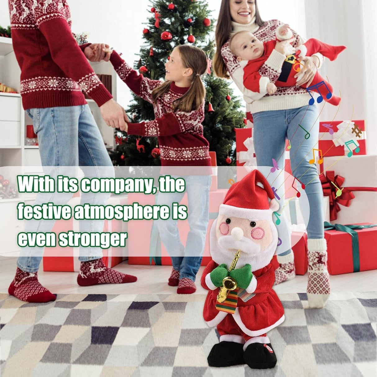 Decoratiune Mos Craciun, Vivimall, Animat, care Canta si Danseaza, cu Saxofon, Imbracat Festiv, 25 cm Inaltime, Rosu - vivimall.ro