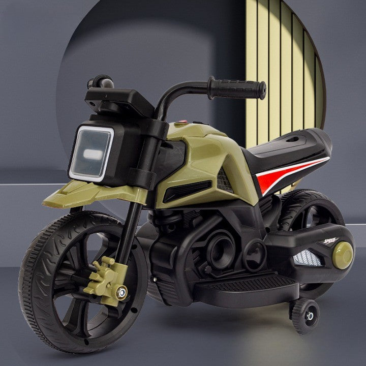 Motocicleta Electrica cu 2 Roti Mari si 2 Roti Ajutatoare, Vivimall, Acumulator Incarcare, Anti-Rasturnare, Lumini, Muzica, Motor:380, Baterie 6V4.5, 41.5x70x34 cm, 4.5 Kg, 3 Ani+, Verde Negru - vivimall.ro