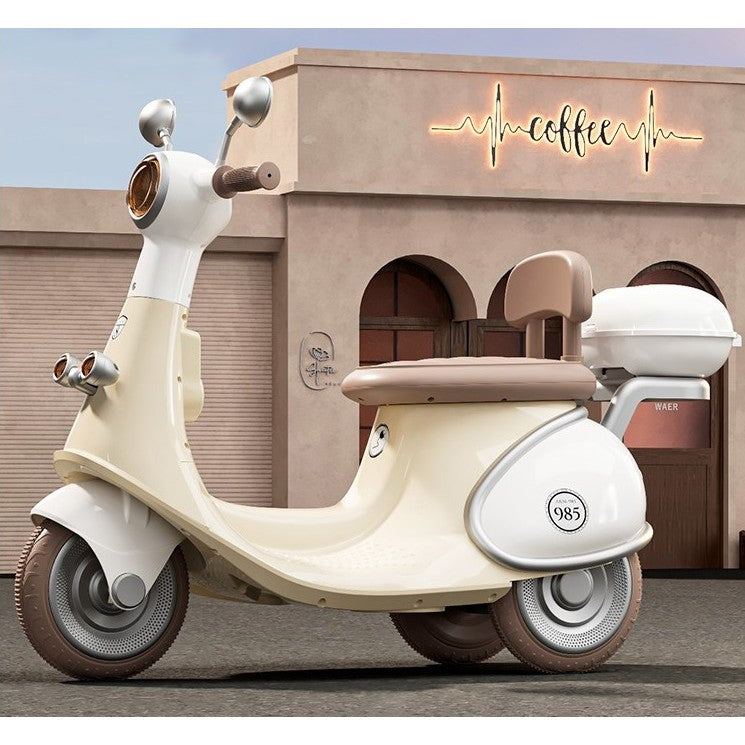 Motocicletă Electrică cu 3 Roti, Vivimall, Acumulator Încarcare, Anti-Rasturnare, Lumini, Sunete, Baterie 6V 7Ah, Telecomanda, 95x67x36cm, Bej - vivimall.ro