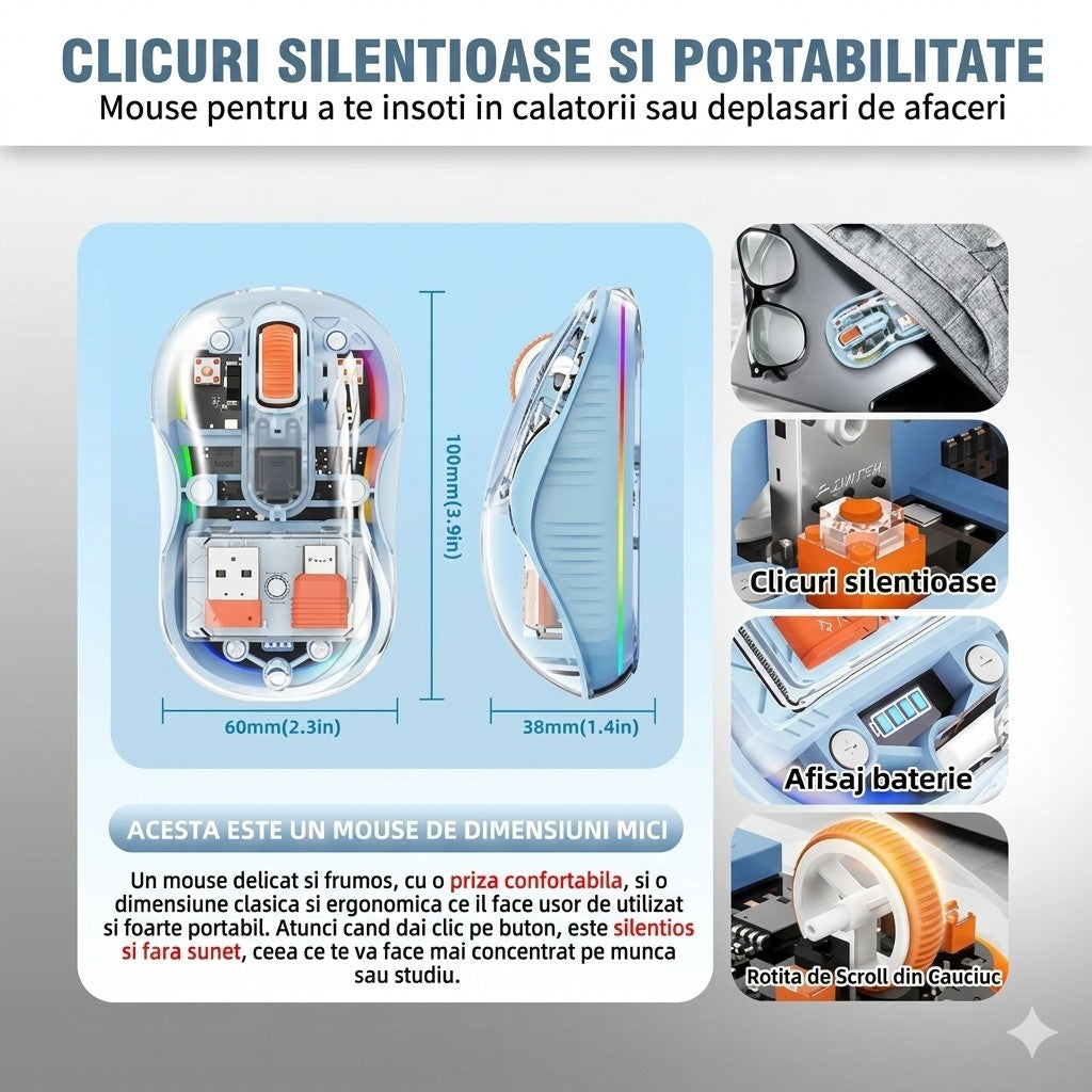 Mouse Flippy albastru utilizat pe laptop MacBook, compatibilitate Multi Device demonstrată