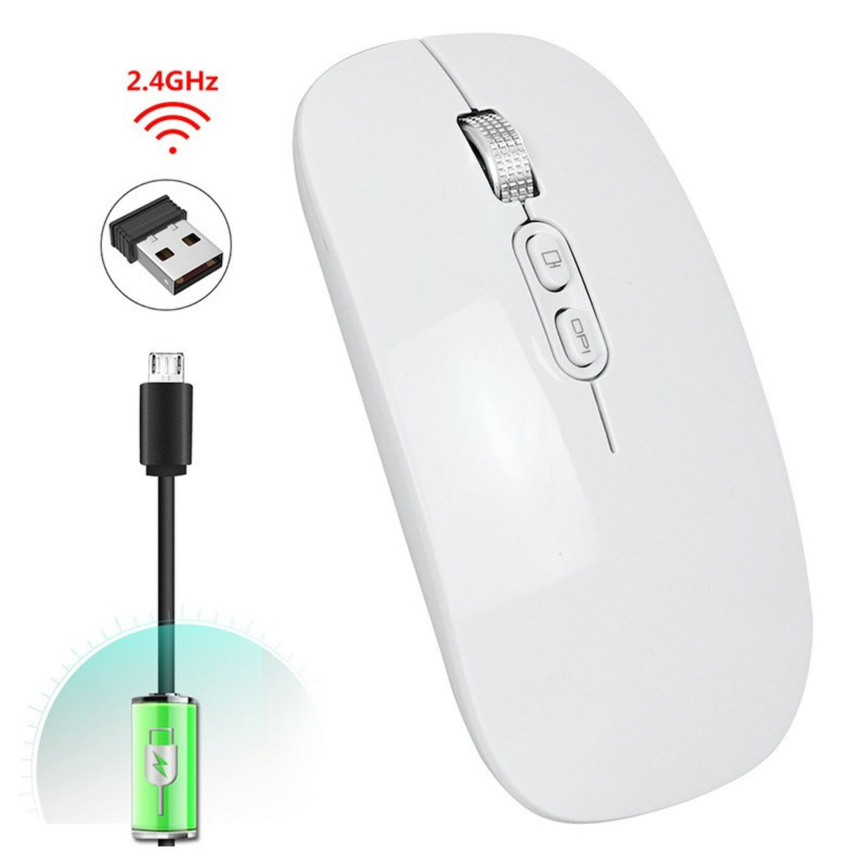 Mouse Flippy M103 alb, profil lateral, grosime 25 mm și formă ergonomică compactă