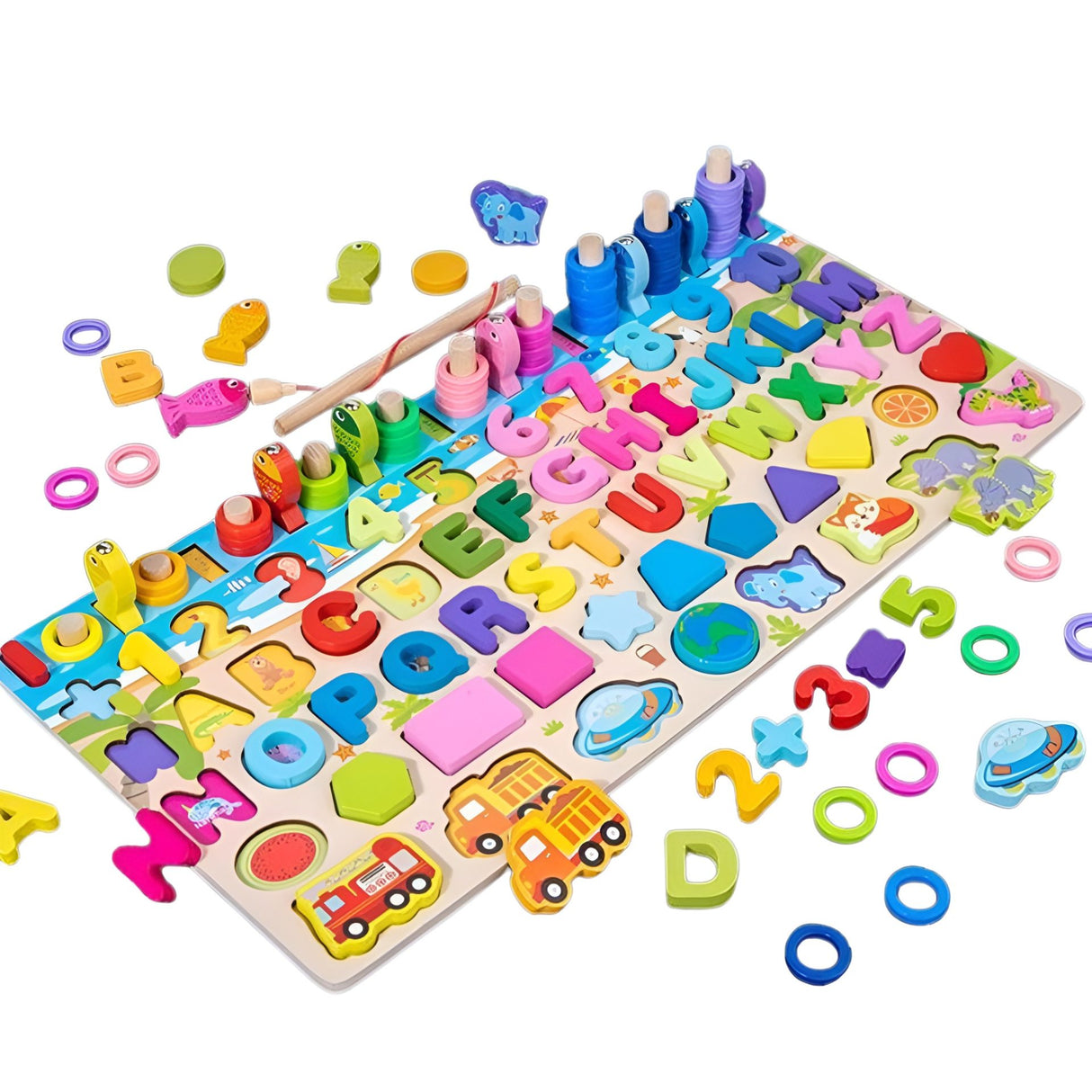 Tablă Logaritmică Montessori Flippy 6 în 1 din lemn masiv, vedere frontală completă, 45,5 x 22 cm, multicolor