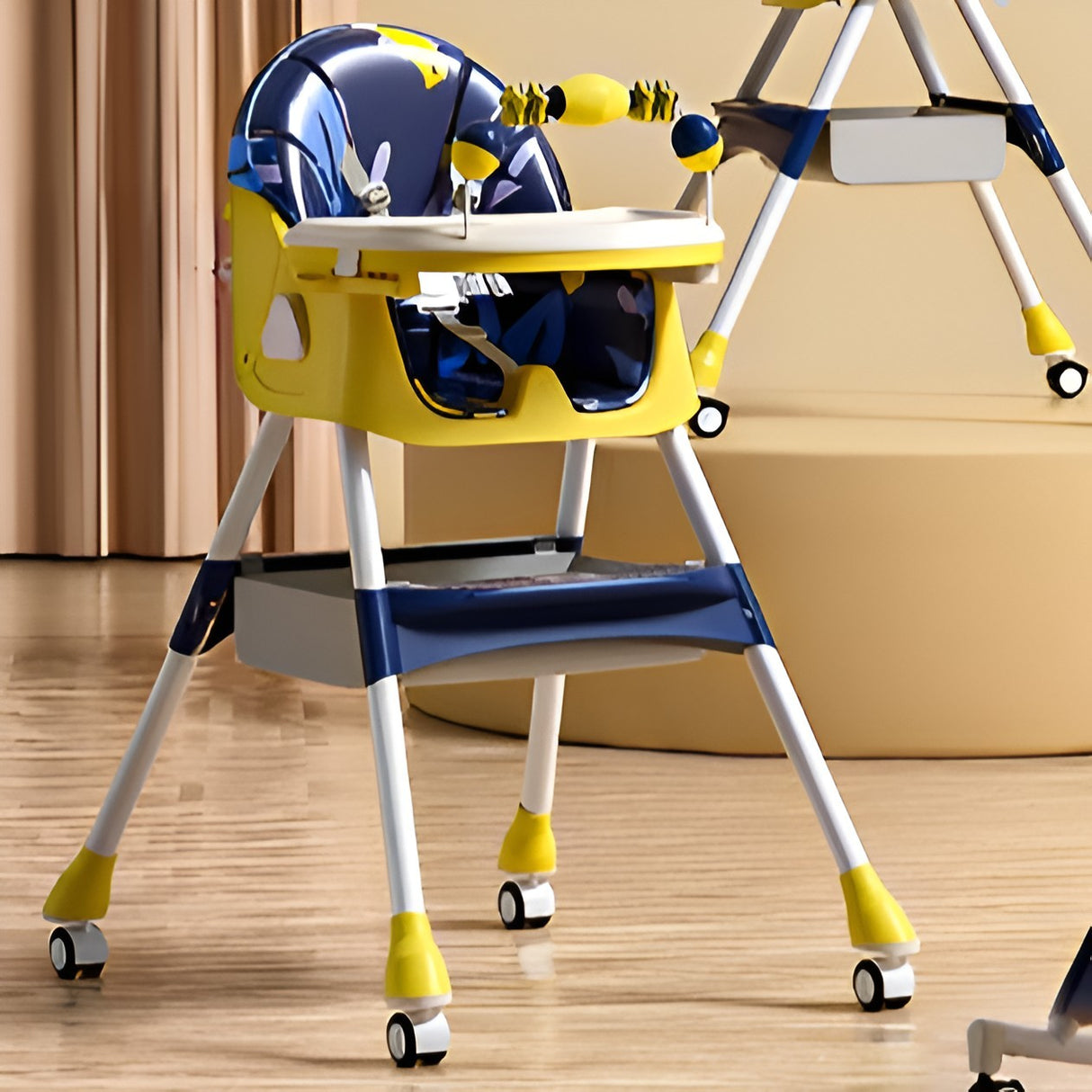 Scaun de Masa pe Roti pentru Copii, Flippy, 2 Tavite si Husa Detasabile, Multifuncțional, Stabil, Centura de Siguranta, Spatar Reglabil Moale, Balansoar, Cos de Depozitare, de la 6 Luni, Galben - vivimall.ro