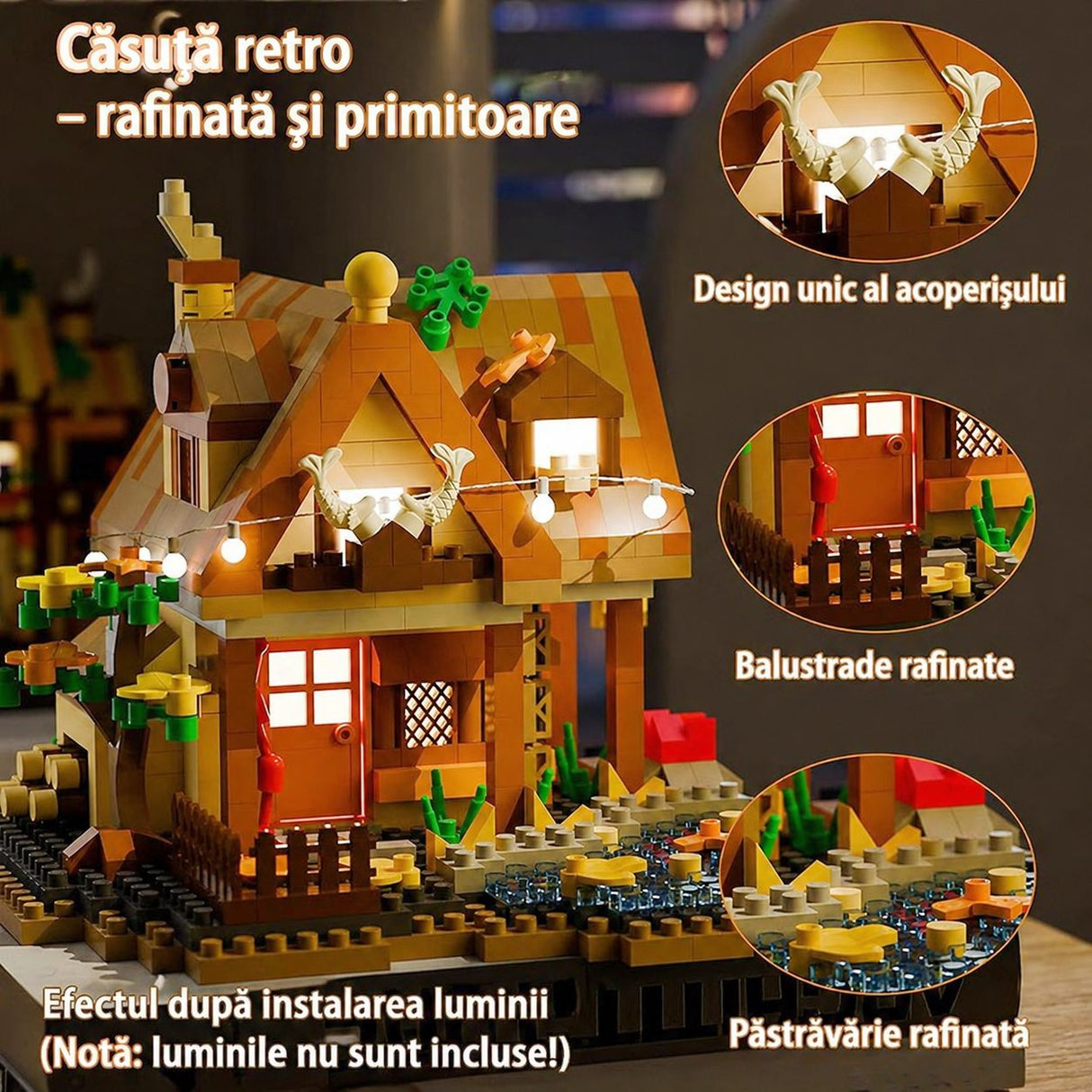 Set construcție Flippy casă lemn, model Forest Log Cabin, vedere laterală, dimensiuni 11.5x10.2x10 cm