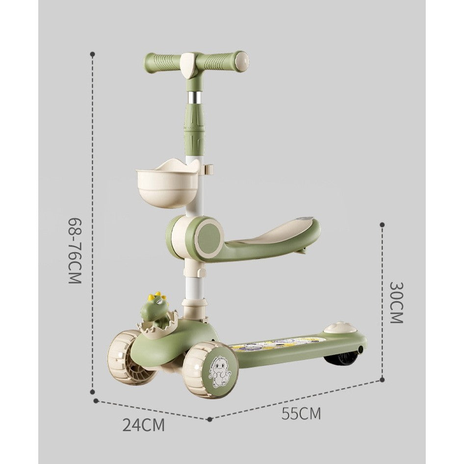 Trotineta Multifunctionala 3 in 1, Vivimall, pentru Copii, 1-7 Ani, cu Lumini si Muzica, Reglabil 360, Pliere Usoara, Reglarea Inaltimii, Model Dinozaur, Bej/Verde - vivimall.ro