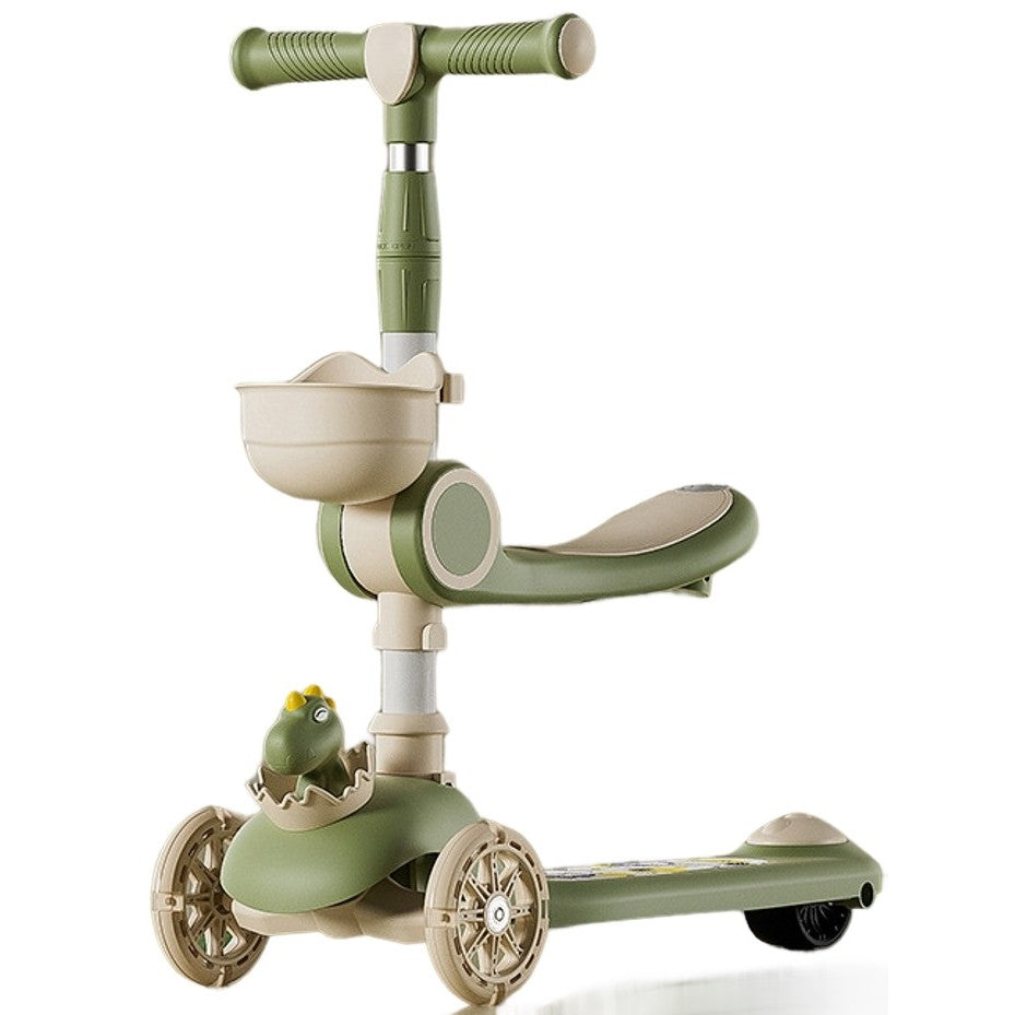 Trotineta Multifunctionala 3 in 1, Vivimall, pentru Copii, 1-7 Ani, cu Lumini si Muzica, Reglabil 360, Pliere Usoara, Reglarea Inaltimii, Model Dinozaur, Bej/Verde - vivimall.ro