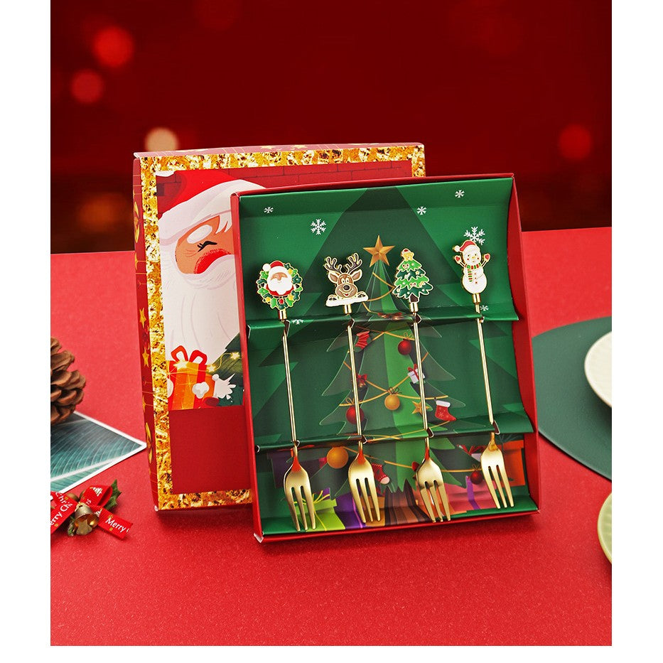 Set 4 Furculite, Flippy, Tema Craciun, Model Carry The Merry, 4 Modele, din Otel Inoxidabil, 19.5 x 16 x 2 cm, Multicolor - vivimall.ro