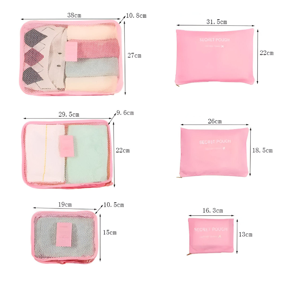 Set 6 Genți de Calatorie, Vivimall, pentru Depozitare, Impermeabile, Organizator, Multifuncționale, Design cu Plasa, Pliabile, Fermoar, Dimensiuni Diferite, Roz - vivimall.ro