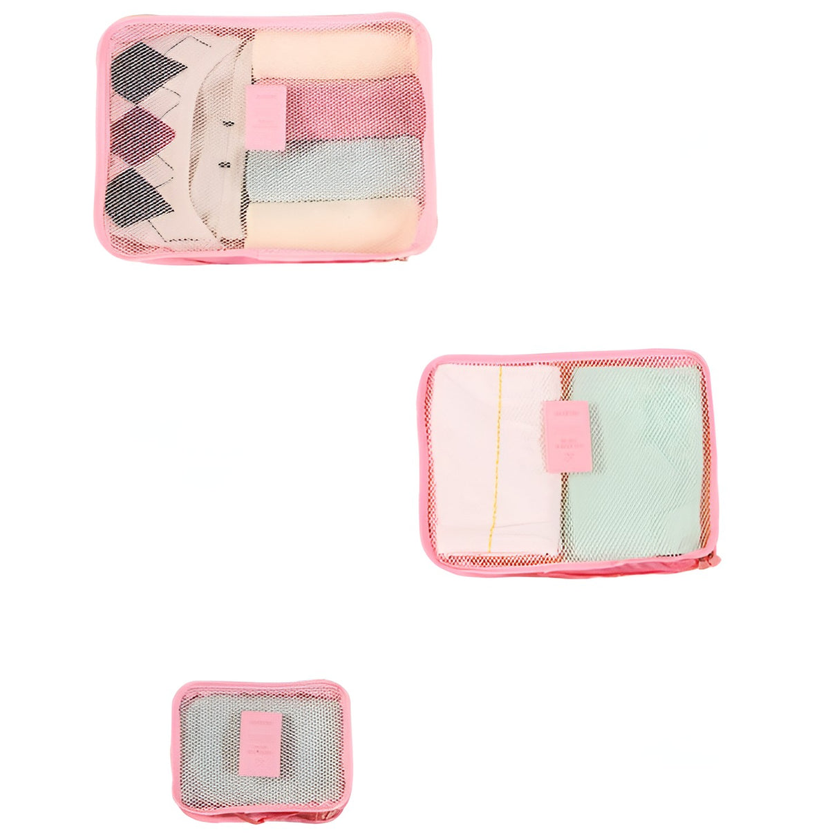 Set 6 Genți de Calatorie, Vivimall, pentru Depozitare, Impermeabile, Organizator, Multifuncționale, Design cu Plasa, Pliabile, Fermoar, Dimensiuni Diferite, Roz - vivimall.ro