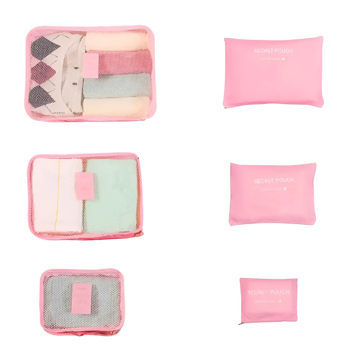 Set 6 Genți de Calatorie, Vivimall, pentru Depozitare, Impermeabile, Organizator, Multifuncționale, Design cu Plasa, Pliabile, Fermoar, Dimensiuni Diferite, Roz - vivimall.ro