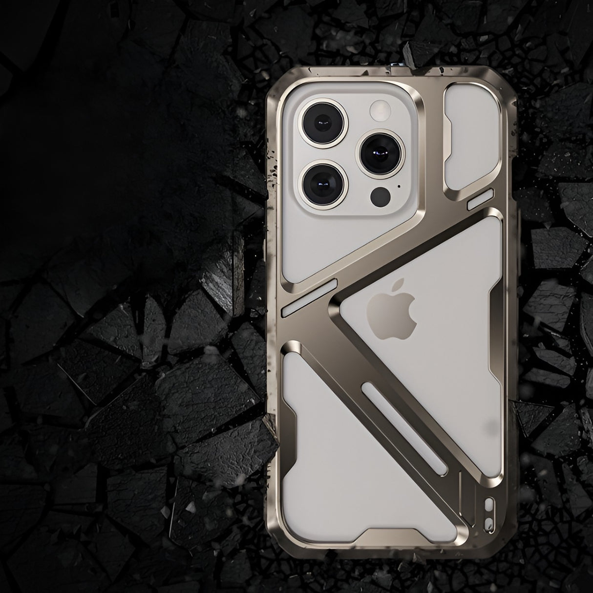 Husă Armor Metal iPhone 15 Pro Max montată pe telefon, vedere din profil, design subțire