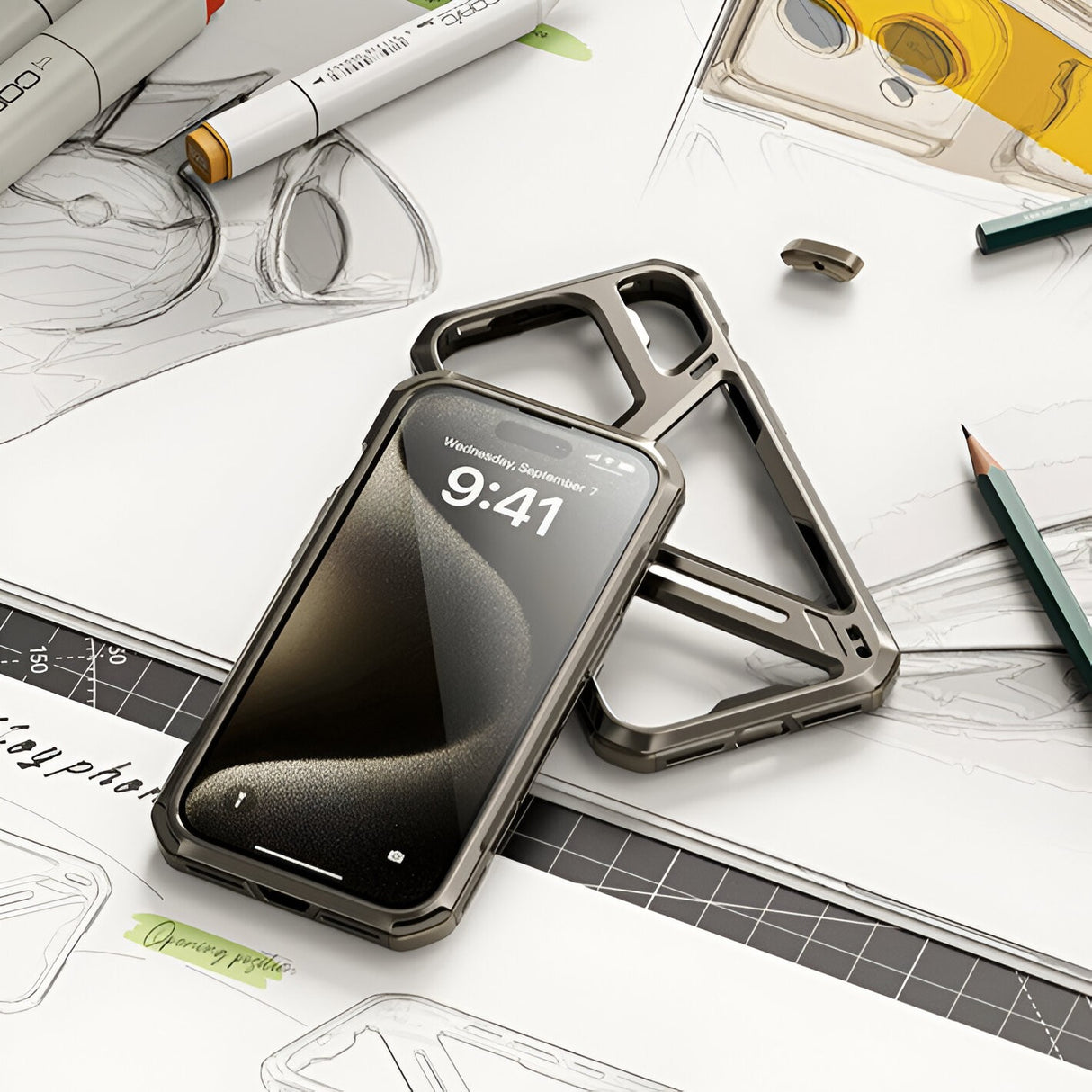 Husă Armor Metal iPhone 15 Pro Max Gri Titan, vedere de sus, acces port USB-C
