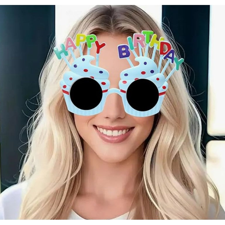 Ochelari Happy Birthday, Vivimall, Tematica Aniversare, Protectie Soare, din Plastic, Model Prajiturele, 18.5x11.5 cm, Albastru - vivimall.ro