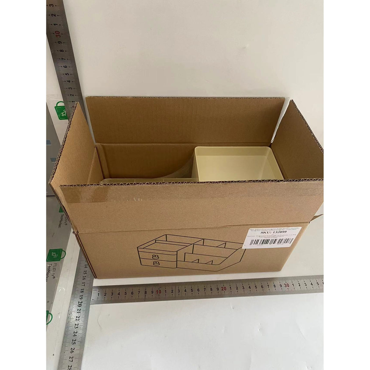 Cutie de Depozitare pentru Birou, Vivimall, Pentru Makeup, Papetarie, Organizator Cosmetice, 2 Sertare si Compartimente Multiple, Model Iepuras, Plastic, 27.5x15.5x12 cm, Crem - vivimall.ro