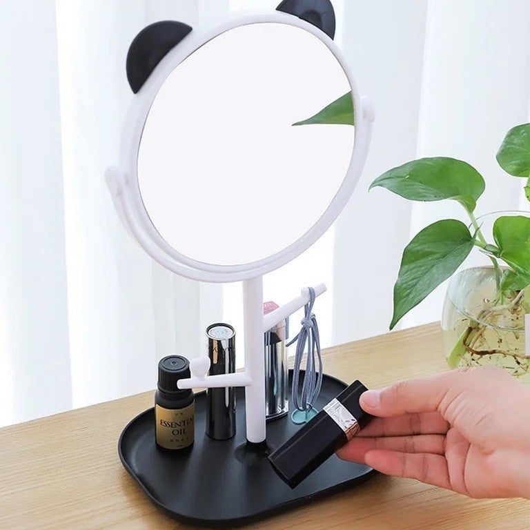 Oglina Cosmetica cu Picior, Vivimall, HD, Rotire 360 Grade, 15 cm Diametru, Suport Bijuterii Baza + Brate, Model cu Urechi, 30 x 16.5 x 15 cm, Alb/Negru - vivimall.ro