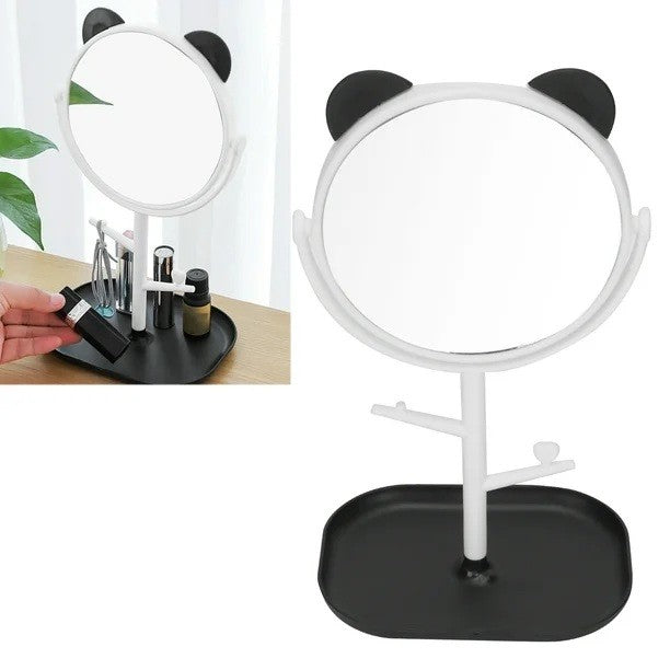 Oglina Cosmetica cu Picior, Vivimall, HD, Rotire 360 Grade, 15 cm Diametru, Suport Bijuterii Baza + Brate, Model cu Urechi, 30 x 16.5 x 15 cm, Alb/Negru - vivimall.ro