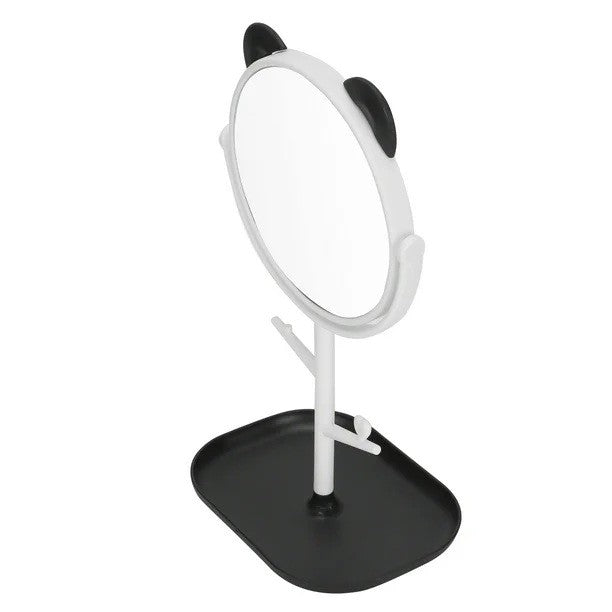 Oglina Cosmetica cu Picior, Vivimall, HD, Rotire 360 Grade, 15 cm Diametru, Suport Bijuterii Baza + Brate, Model cu Urechi, 30 x 16.5 x 15 cm, Alb/Negru - vivimall.ro