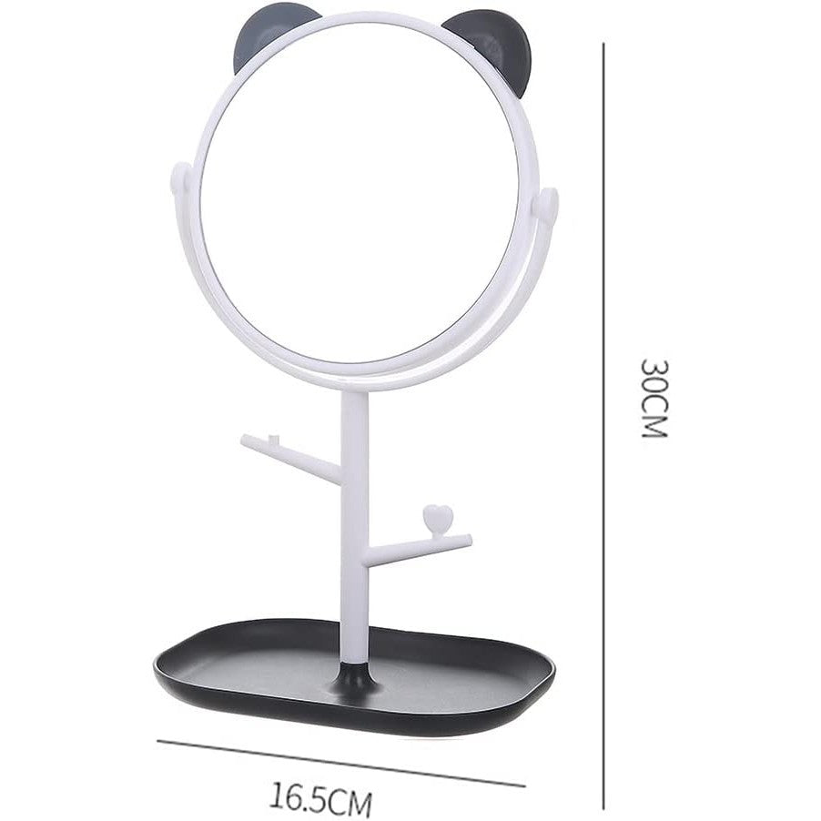 Oglina Cosmetica cu Picior, Vivimall, HD, Rotire 360 Grade, 15 cm Diametru, Suport Bijuterii Baza + Brate, Model cu Urechi, 30 x 16.5 x 15 cm, Alb/Negru - vivimall.ro