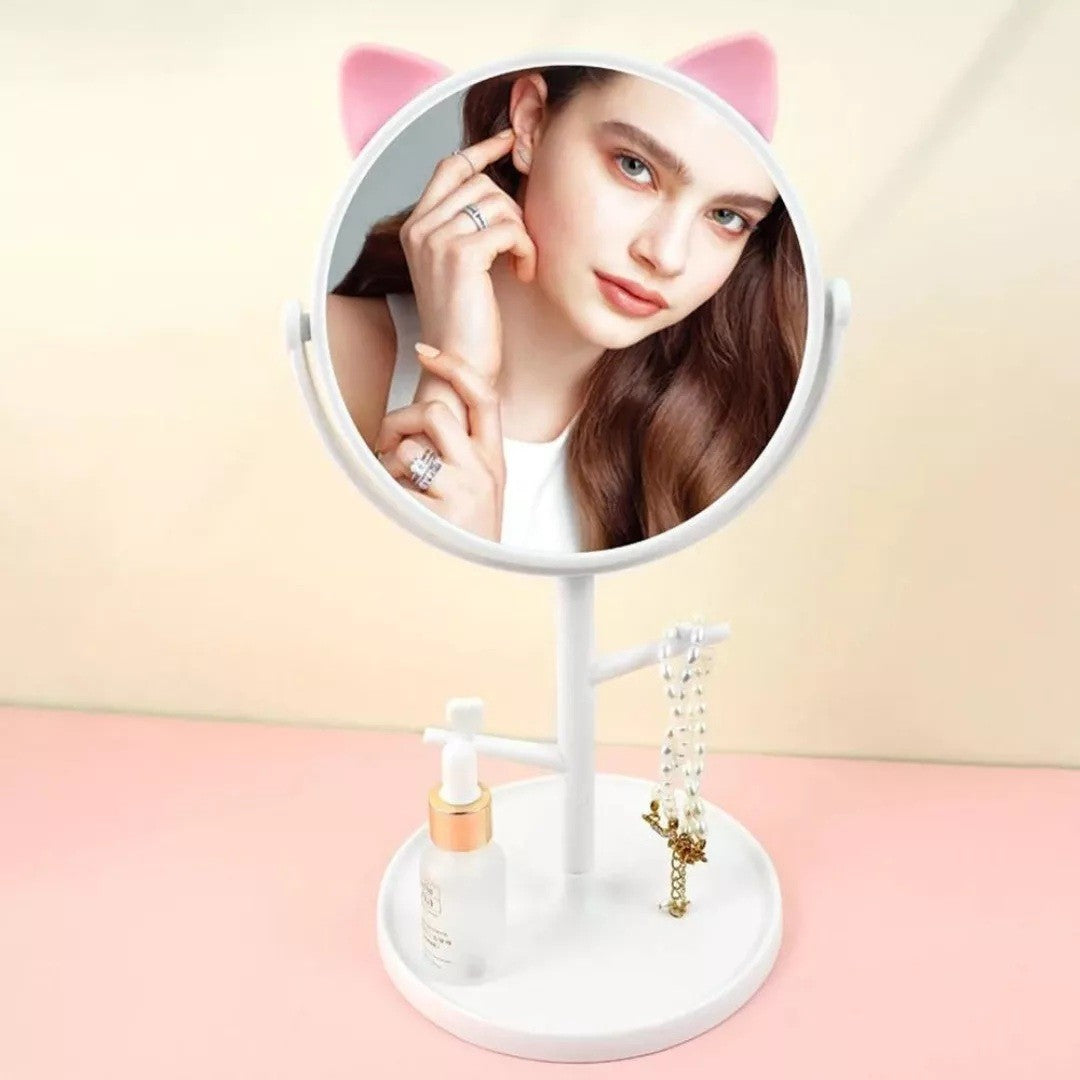 Oglina Cosmetica Cu Picior, Hd, Rotire 360 Grade, 15 Cm Diametru, Suport Bijuterii Baza Rotunda + 2 Brate, Model Cu Urechi, 31 X 14.5 X 15 Cm, Din Plastic, Alb - vivimall.ro