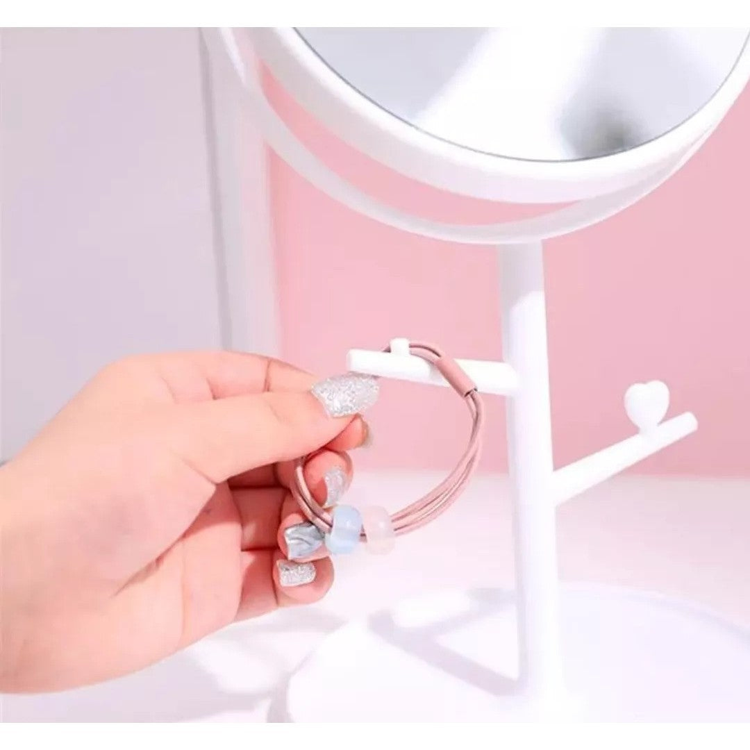 Oglina Cosmetica Cu Picior, Hd, Rotire 360 Grade, 15 Cm Diametru, Suport Bijuterii Baza Rotunda + 2 Brate, Model Cu Urechi, 31 X 14.5 X 15 Cm, Din Plastic, Alb - vivimall.ro