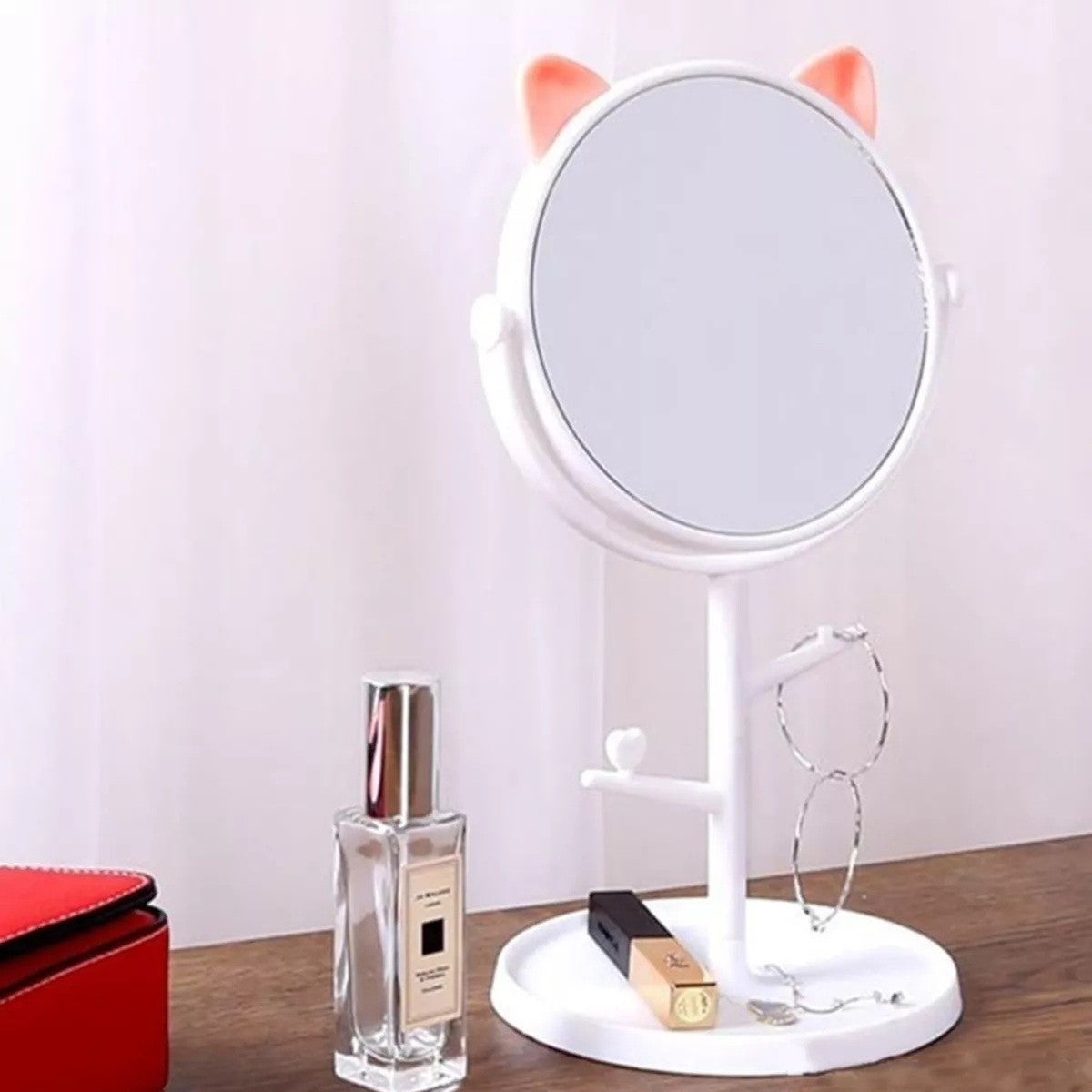 Oglina Cosmetica Cu Picior, Hd, Rotire 360 Grade, 15 Cm Diametru, Suport Bijuterii Baza Rotunda + 2 Brate, Model Cu Urechi, 31 X 14.5 X 15 Cm, Din Plastic, Alb - vivimall.ro