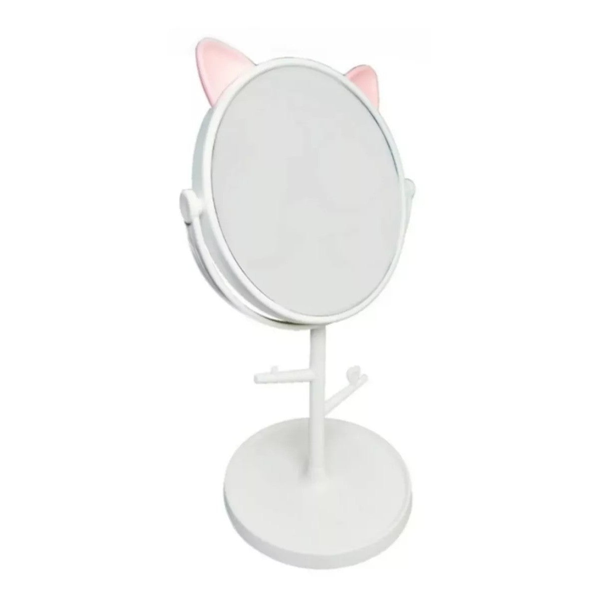 Oglina Cosmetica Cu Picior, Hd, Rotire 360 Grade, 15 Cm Diametru, Suport Bijuterii Baza Rotunda + 2 Brate, Model Cu Urechi, 31 X 14.5 X 15 Cm, Din Plastic, Alb - vivimall.ro