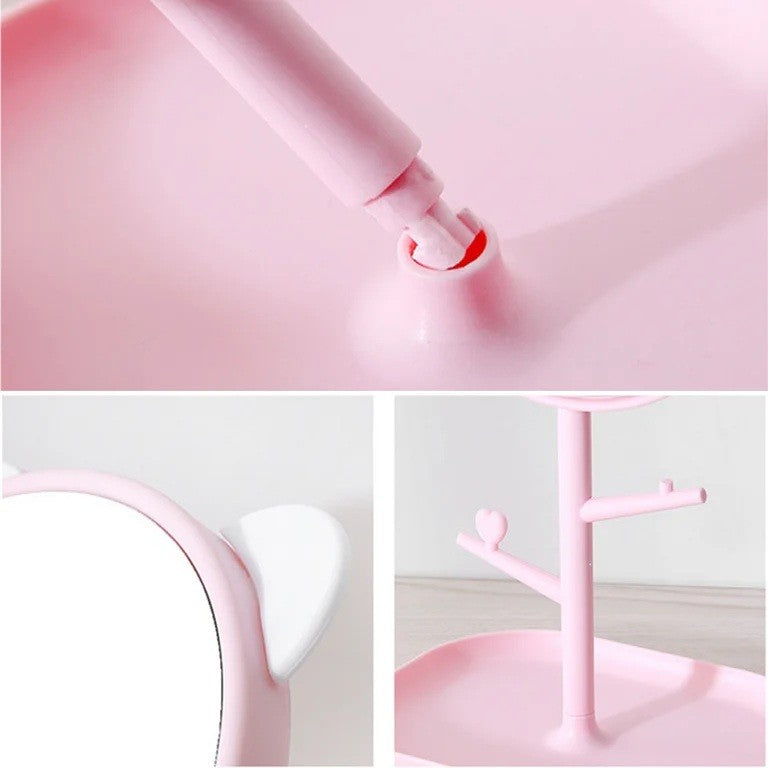 Oglina Cosmetica Cu Picior, Hd, Rotire 360 Grade, 15 Cm Diametru, Suport Bijuterii Baza + Brate, Model Cu Urechi, 30 X 16.5 X 15 Cm - vivimall.ro