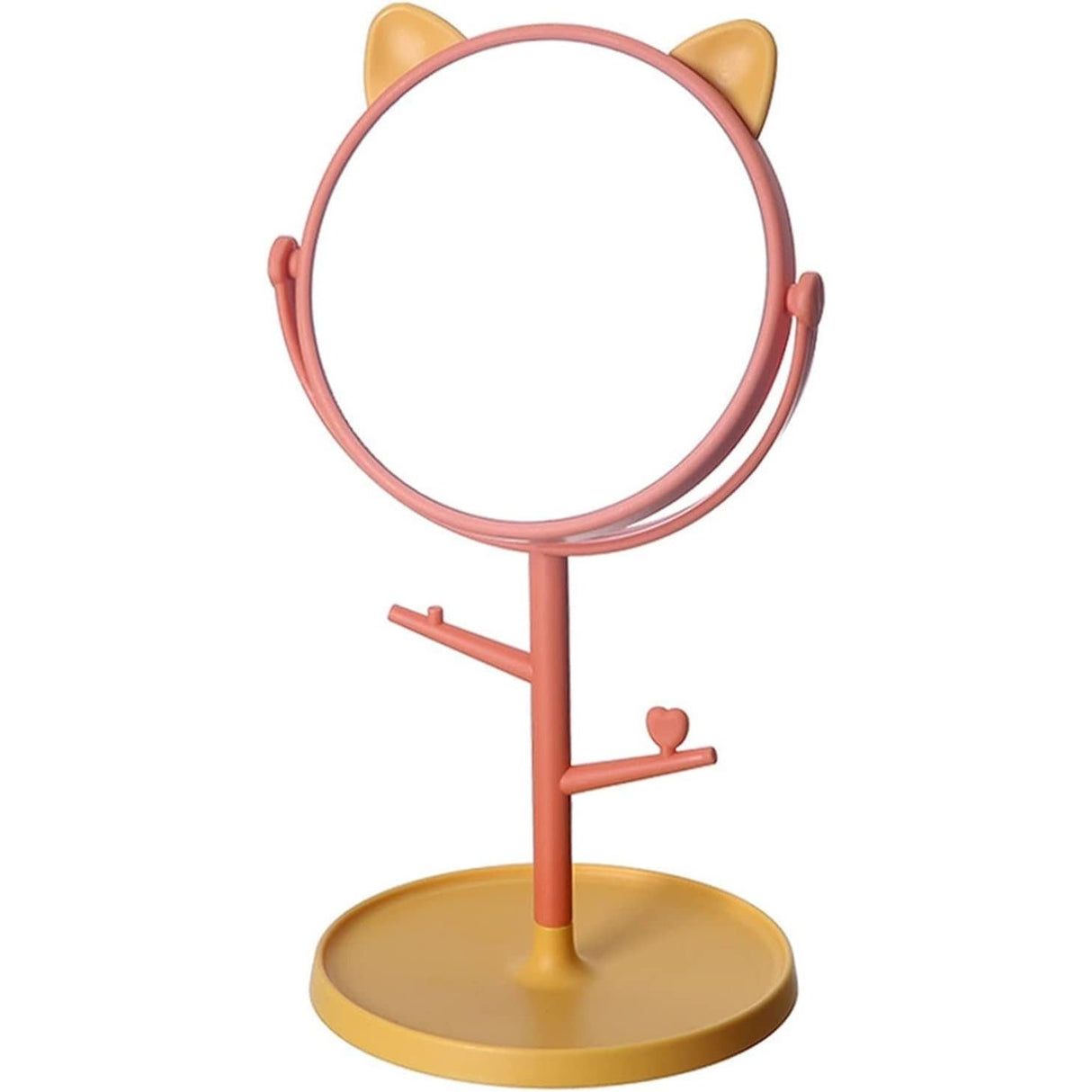 Oglina Cosmetica cu Picior, Vivimall, HD, Rotire 360 Grade, 15 cm Diametru, Suport Bijuterii Baza Rotunda + 2 Brate, Model cu Urechi, 31 x 14.5 x 15 cm, din Plastic, Portocaliu/Galben - vivimall.ro