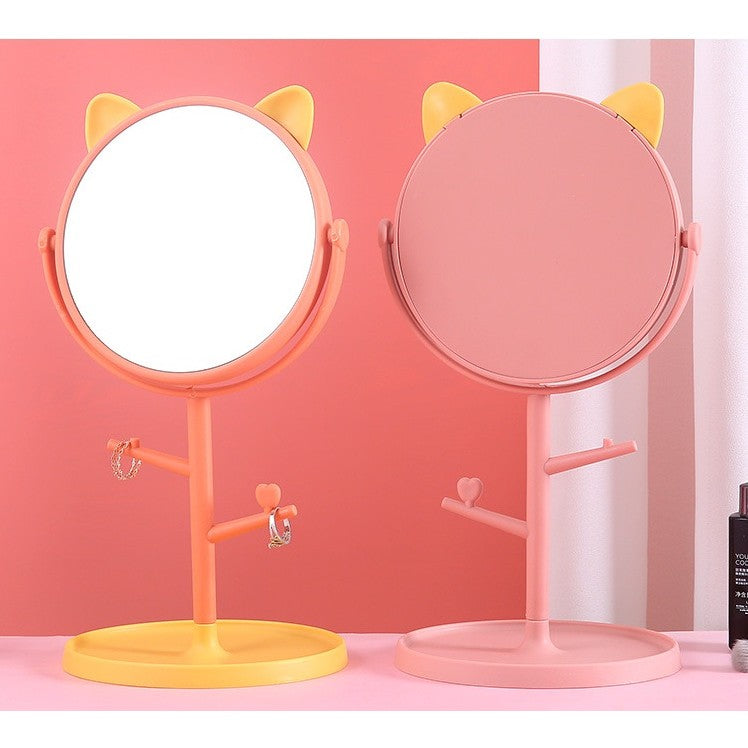 Oglina Cosmetica Cu Picior, Hd, Rotire 360 Grade, 15 Cm Diametru, Suport Bijuterii Baza Rotunda + 2 Brate, Model Cu Urechi, 31 X 14.5 X 15 Cm, Din Plastic, Portocaliu/Galben - vivimall.ro