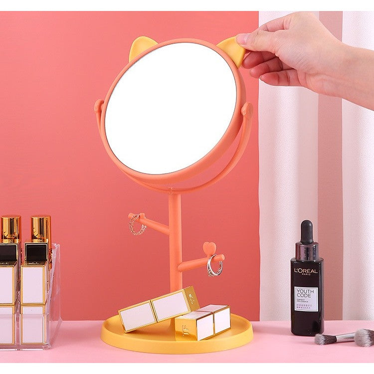 Oglina Cosmetica Cu Picior, Hd, Rotire 360 Grade, 15 Cm Diametru, Suport Bijuterii Baza Rotunda + 2 Brate, Model Cu Urechi, 31 X 14.5 X 15 Cm, Din Plastic, Portocaliu/Galben - vivimall.ro