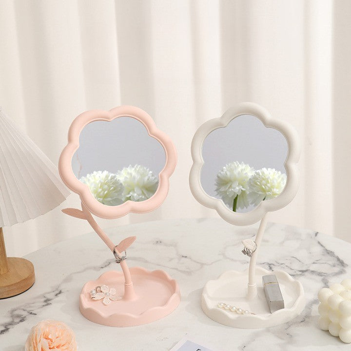 Oglindă de Machiaj pentru Birou, Vivimall, Rotativă, Detasabilă, Model de Floarea Soarelui, Suport pentru Inele, cu Depozitare, Alba - vivimall.ro