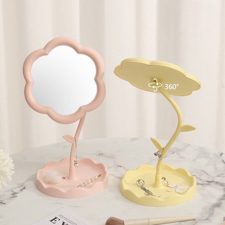 Oglindă de Machiaj pentru Birou, Vivimall, Rotativă, Detasabilă, Model de Floarea Soarelui, Suport pentru Inele, cu Depozitare, Roz - vivimall.ro