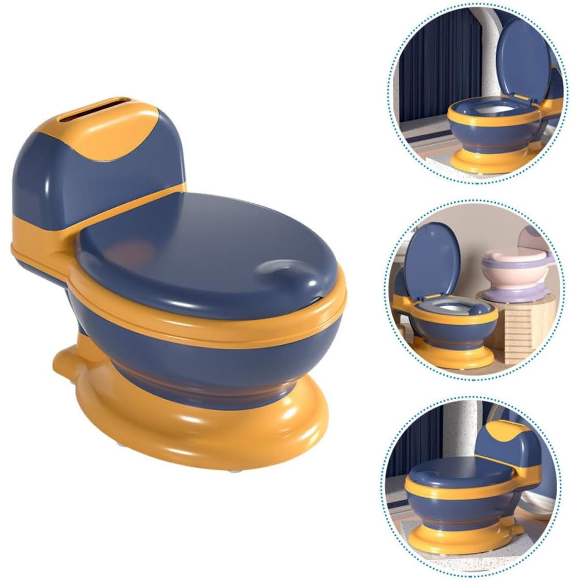 Olita Bebelusi, Vivimall, pentru Copii 1 - 8 Ani, Model Toaleta Adulti, Colac Moale PVC, Compartiment Detasabil, Cutie Depozitare Hartie, 34 x 32 x 19 cm, Albastru/Portocaliu - vivimall.ro