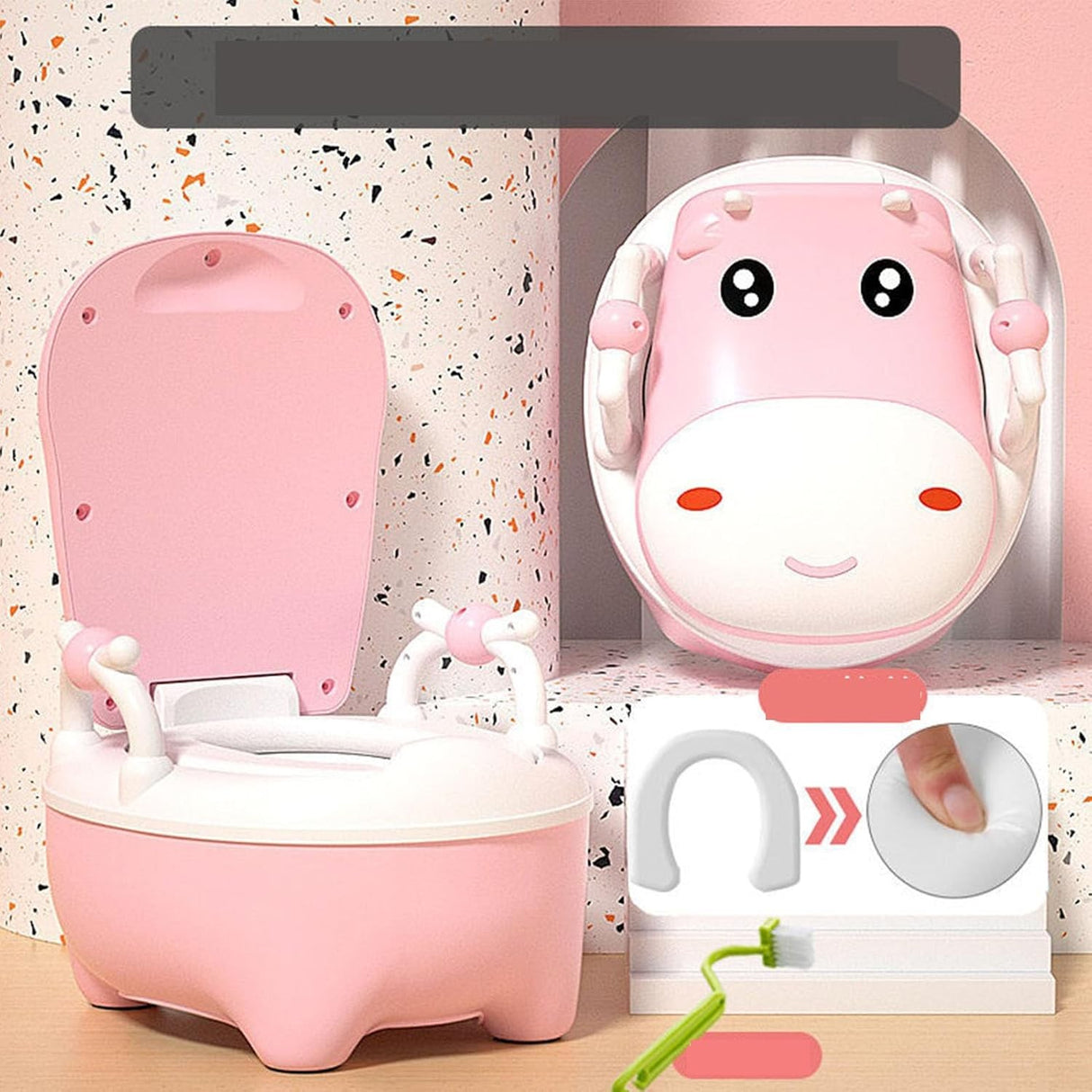 Olita pentru Copii, Vivimall, +1an, Portabila, Design Vacuta cu Capac, Model Prietenos, Non-Toxic, cu Manere, Compartiment Detasabil, Perie Inclusa, Usor de Curatat, Roz - vivimall.ro