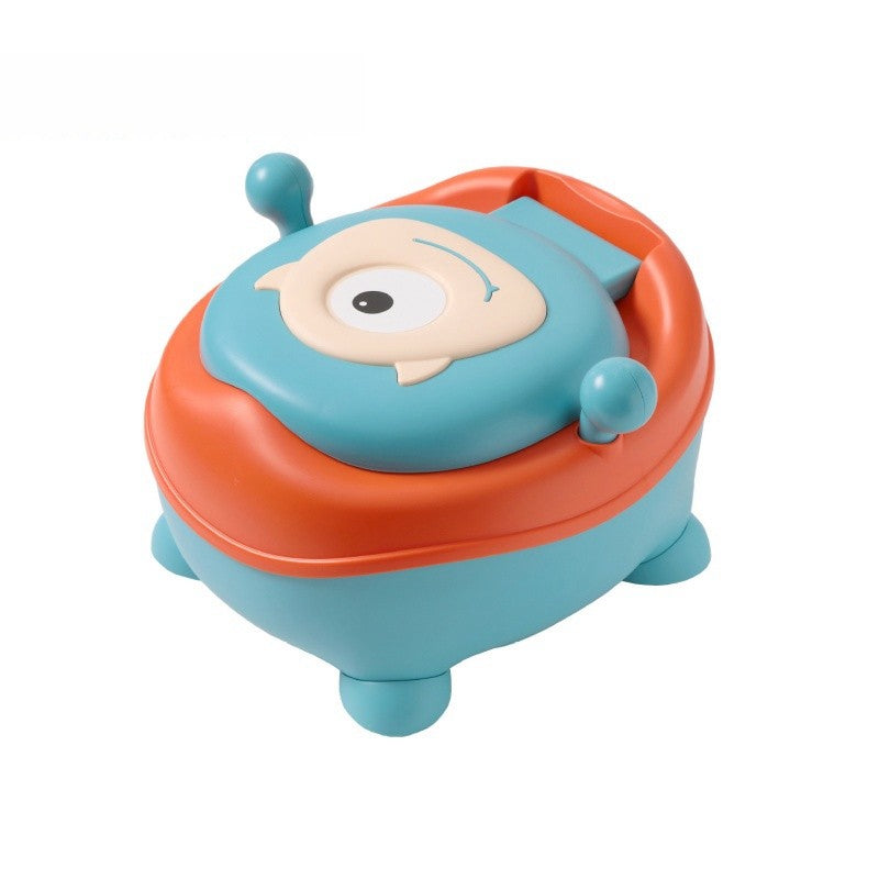 Olita pentru Copii, Vivimall, +6 luni, Compartiment Detasabil, cu Capac, Antiderapanta, din Plastic, Colac Moale, Model Animat Ciclop, cu Maner, 33 x 21 x 45 cm, Albastru/Portocaliu - vivimall.ro