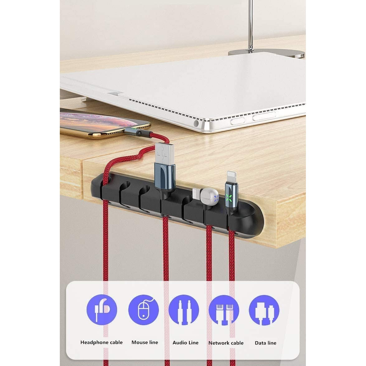 Organizator Cabluri, Vivimall, Cable Clips, Fixare Dublu Adeziv, Silicon, 7 Sloturi, Negru - vivimall.ro