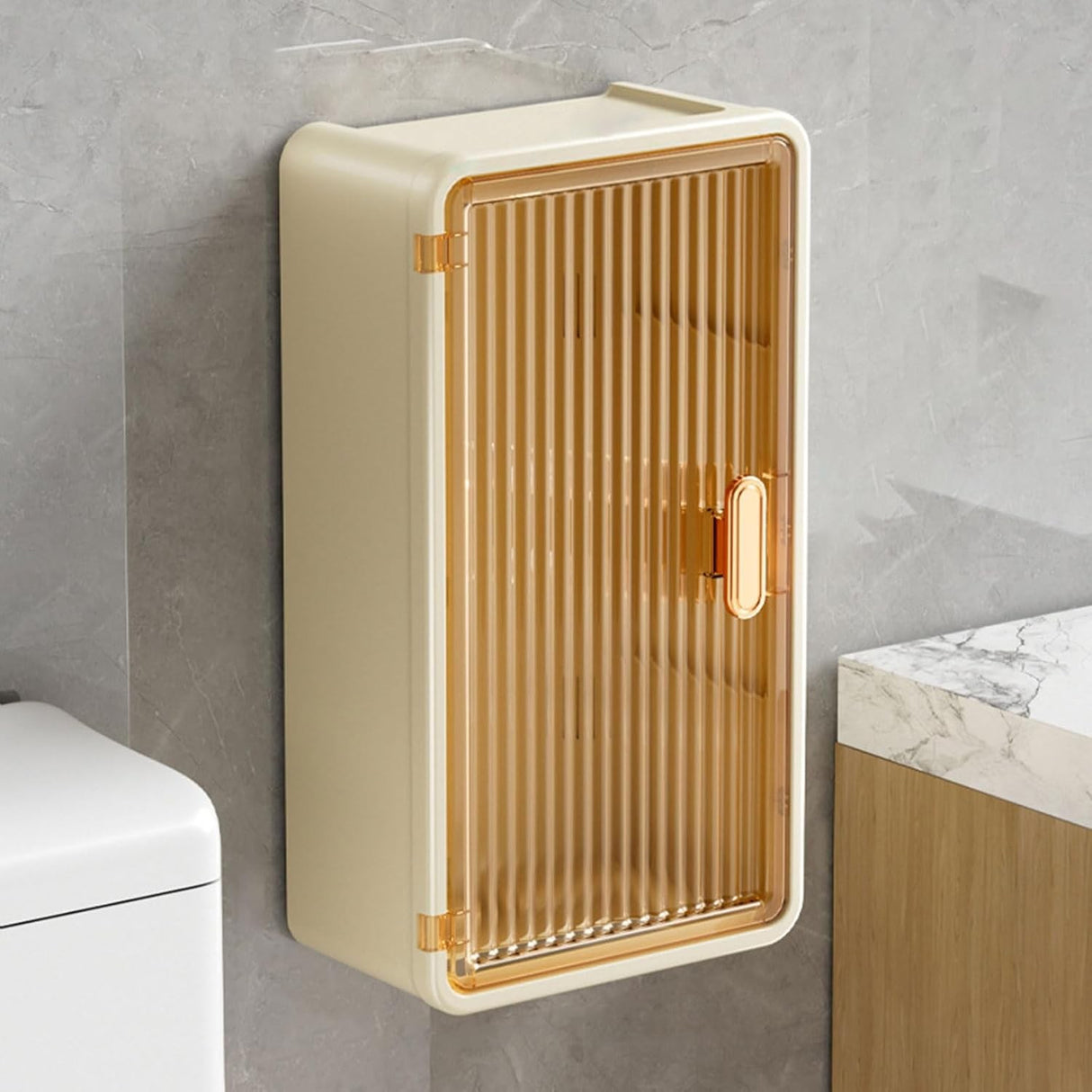 Organizator Cosmetice, Vivimall, Montare pe Perete fara Perforare, 36.5x10.9x20 cm, din PP si ABS, Bej, Usa Transparenta - vivimall.ro