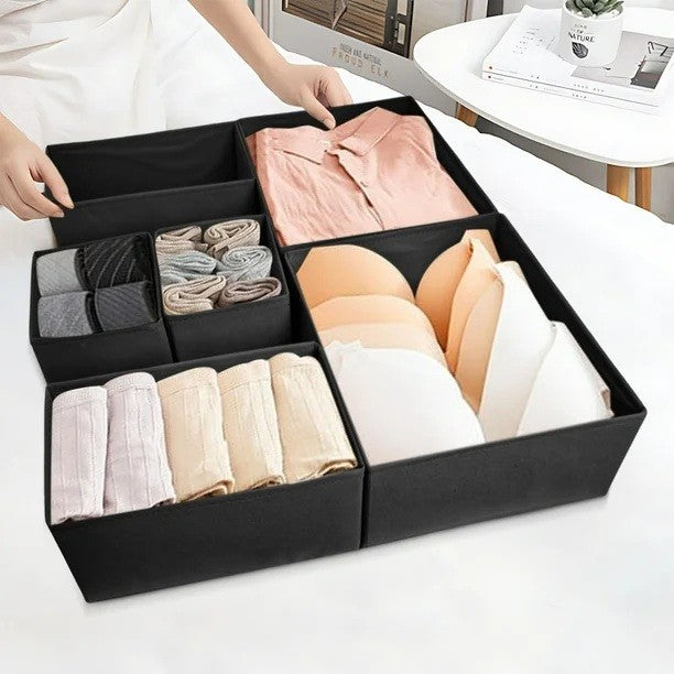 Organizator pentru Sertar, Vivimall, 3 Marimi, pentru Lenjerie, Tricouri, Sosete, 6 Piese, Pliabil, Stivuibil, din Tesatura, Negru - vivimall.ro