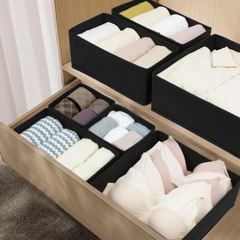 Organizator pentru Sertar, Vivimall, 3 Marimi, pentru Lenjerie, Tricouri, Sosete, 6 Piese, Pliabil, Stivuibil, din Tesatura, Negru - vivimall.ro