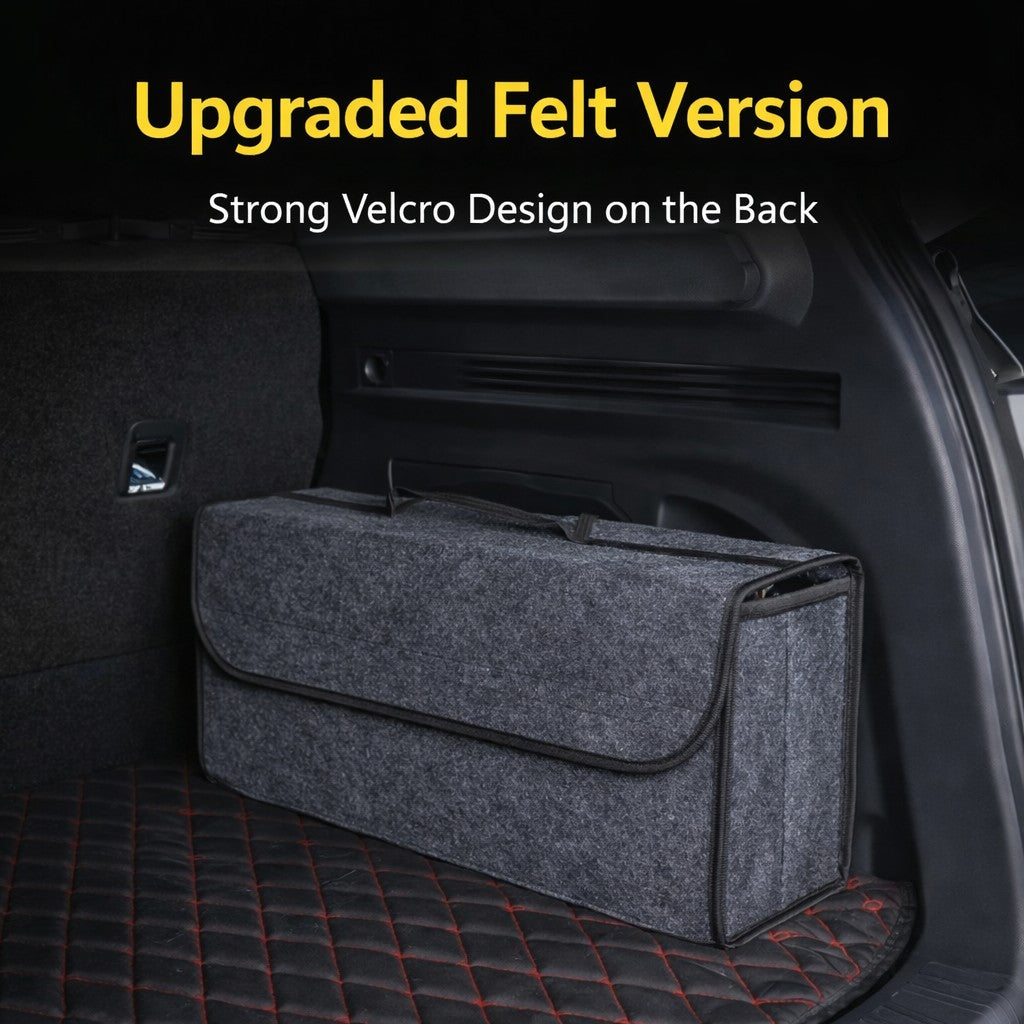 Organizator portbagaj auto Flippy gri, vedere spate, compatibil orice autovehicul