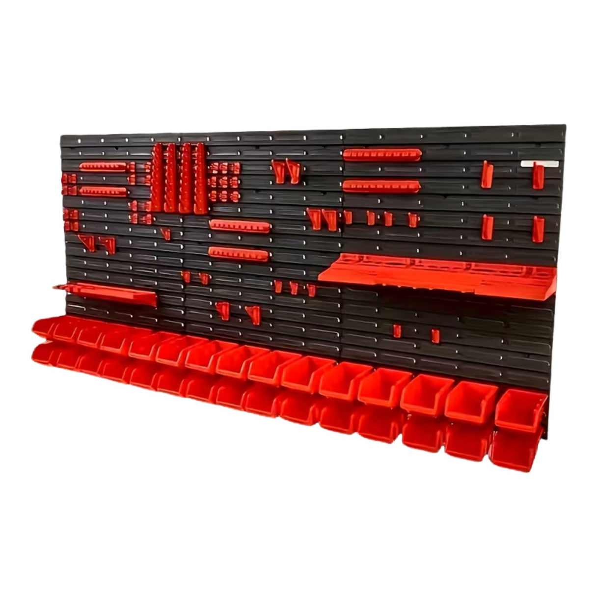 Organizator scule perete Flippy set 96 piese, panou modular 172,8x78 cm negru/roșu, vedere frontală completă