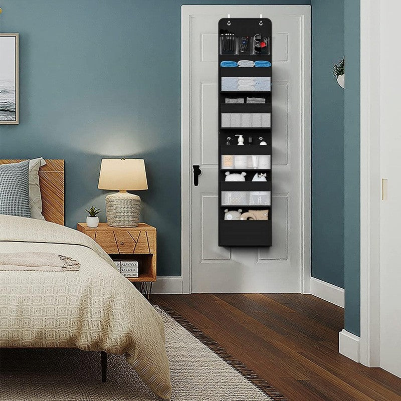 Organizator Suspendat pentru Usi, Vivimall, din Nailon si Plasa, Baza de Carton Ingrosat, 5 Buzunare Principale + 5 Buzunare Laterale, 146 x 40 x 17 cm, 2 Carlige Incluse, Negru - vivimall.ro