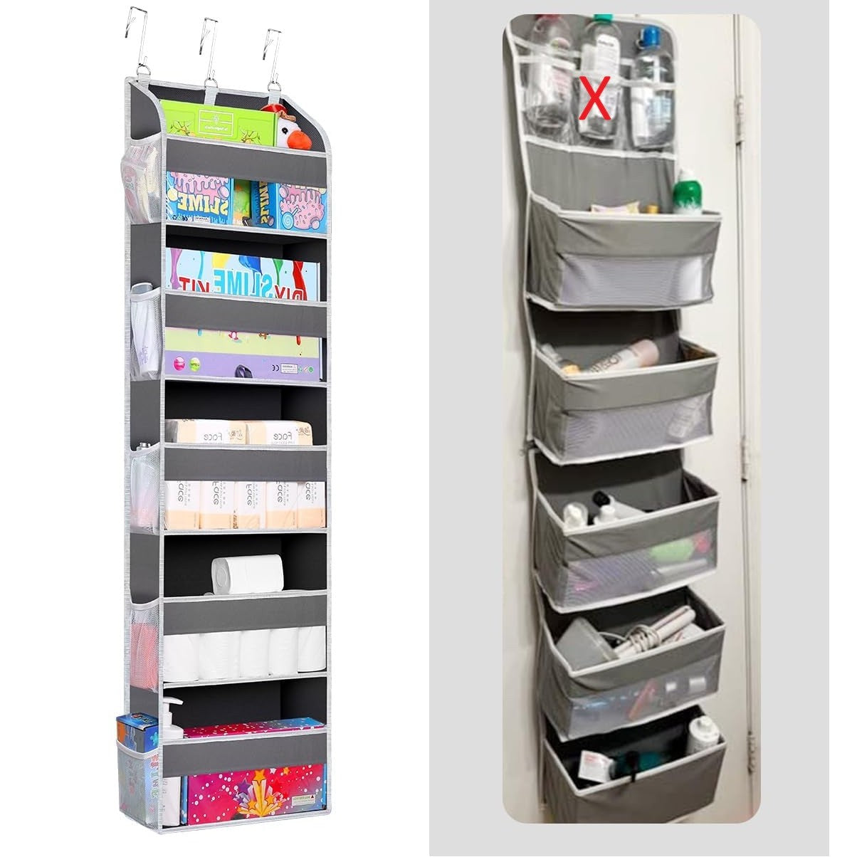Organizator Suspendat pentru Usi, Vivimall, din Nailon si Plasa, Baza de Carton Ingrosat, 5 Buzunare Principale + 10 Buzunare Laterale, 140 x 39 x 17 cm, 3 Carlige Incluse, Gri - vivimall.ro