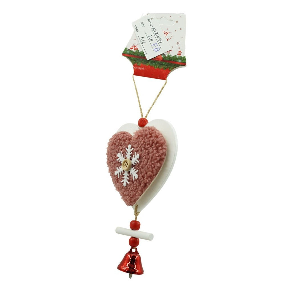 Ornament de brad broderie cu inima, Vivimall, roz, lemn, 18 cm - vivimall.ro