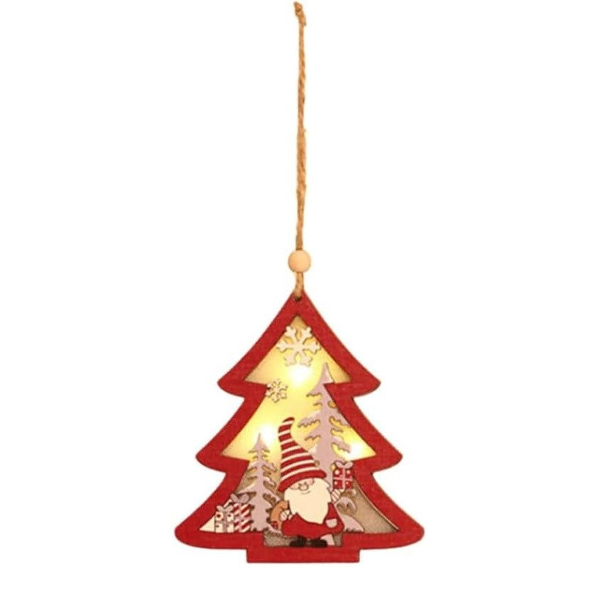 Ornament de brad din lemn cu LED integrat, figurină Elf multicolor, vedere frontală, 11x10 cm