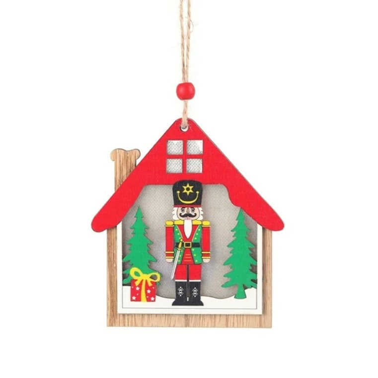 Ornament de Brad, Flippy, cu Lumini LED, din Lemn, Figurina Spargatorul de Nuci, Model Casuta, Multicolor - vivimall.ro