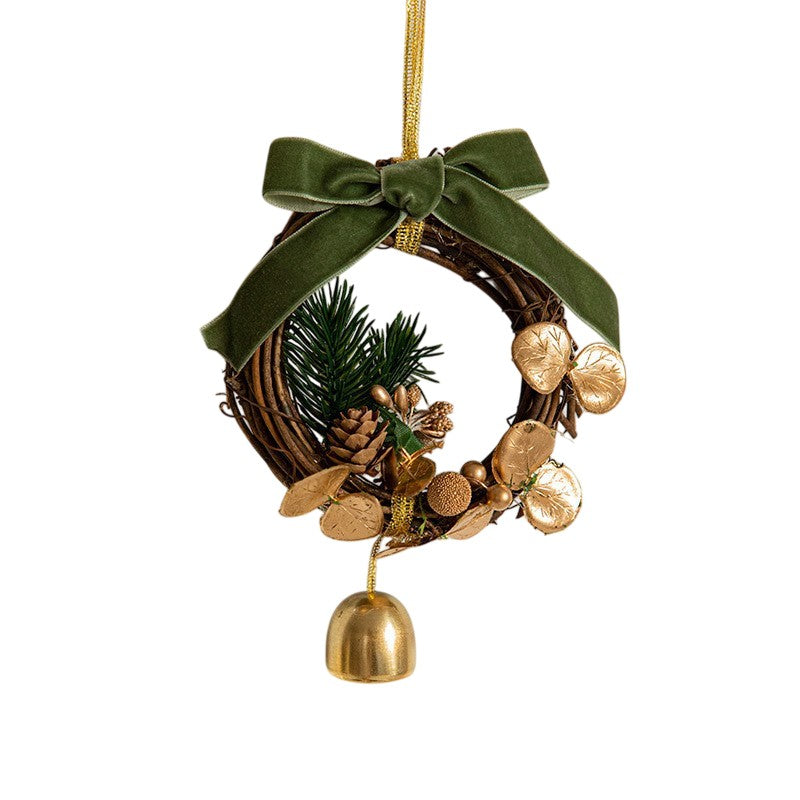 Ornament de Brad, Flippy, tip Coronita de Craciun cu 1 Clopotel cu Flori Aurii si Conuri de Brad, Panglica Verde de Velvet, 14 x 10 cm, Verde - vivimall.ro