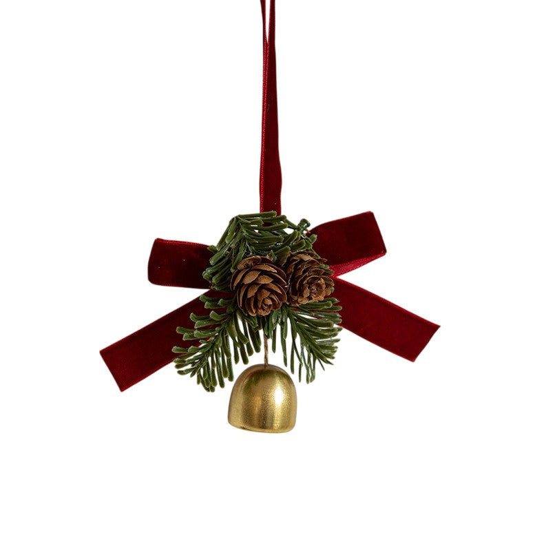 Ornament de Brad, Flippy, tip Funda de Craciun cu 1 Clopotel Auriu si Conuri de Brad, Panglica Rosie de Velvet, 10 x 10 cm, Rosu - vivimall.ro